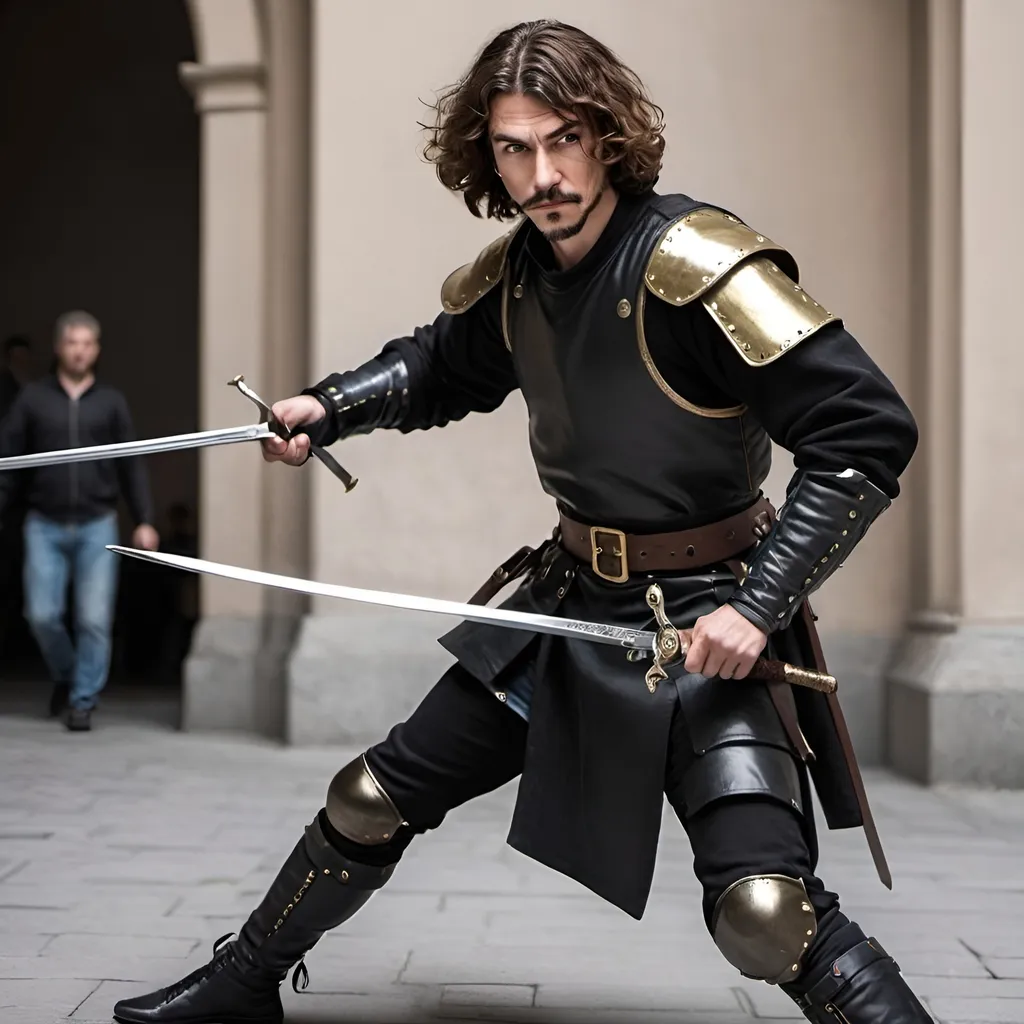 Prompt: Please create a dnd character based on Berlin from the Netflix series money heist. He is wearing sleek black leather armour with gold accents, has a rapier and dagger. A hand crossbow at the hip. He is striking a deceptive but confident pose. He has short brown hair with a dash of grey and piercing blue eyes, clean shaven, around 35-40 years of age. A combat shot where he is executing a finisher with his rapier 