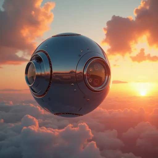 Prompt: Robot looking like a ball, flying, with cameras