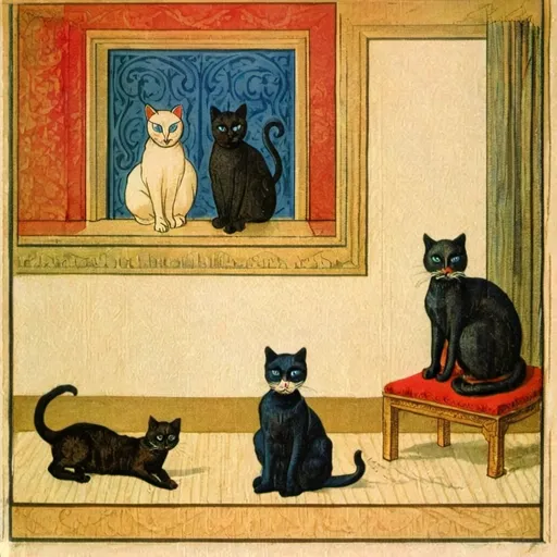 Prompt: a black cat with blue eyes and a red tongue sitting on a white surface with a brown background and a white wall, , a figurine, a surrealist sculpture. the faces should have smiling teeth and evil eyebrows. there should be writing from the bible written in paint all over the walls of the room