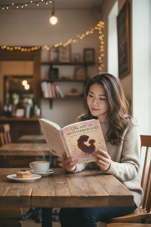 Prompt: @Amy is sitting at a coffee table, looking at a book, titled, The Art of Motherhood. Use the book cover picture uploaded.