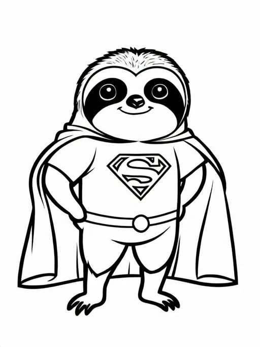 Prompt: A black-and-white coloring book style of 'Super Slothman,' a superhero sloth wearing a flowing cape, a mask, and a shirt with a bold 'S' emblem on his chest. He loves to strike super hero poses but is often found asleep in one and in a slightly funny version of a super hero pose. The background is simple, featuring a minor detials for a fun and playful look. The style is kid-friendly, with bold outlines and no shading, perfect for a coloring book. Nothing should be shaded