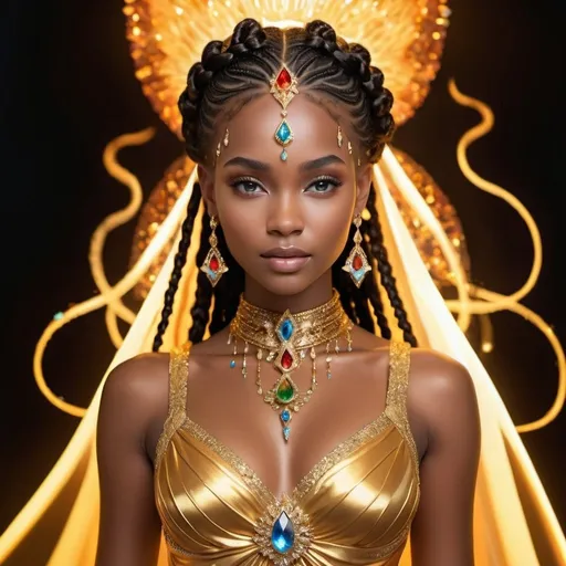 Prompt:  a regal light honey goddess adorned with jeweled braids and a golden gown, surrounded by a vibrant, mystical aura. This captivating blend of fire and ice elements brings her ethereal presence to life, making her a beacon of divine power and beauty.