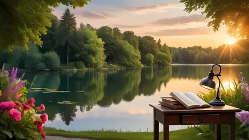 Prompt: Imagine a peaceful scene of a desk with books, a lamp and a sofa next to a tranquil lake, surrounded by lush trees and vibrant flowers, as the sun sets in a stunning display of nature's beauty.