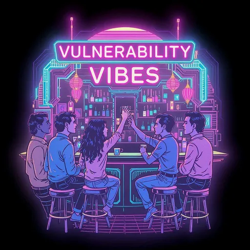 Prompt: A 1980s synthwave pub scene with 3, 4 or 5  people facing the bar talking to one another. Two of them are doing a cheers with their drinks. The title of the bar is 'vulnerability vibes'. The full bar should be seen as if in a void all by itself. Line drawing with neon colors,  simple illustration, less details. Use a diverse cast of people. Do not show the face of any person. Design should be made for screen printing onto fabric. Use less than 6 colors total.