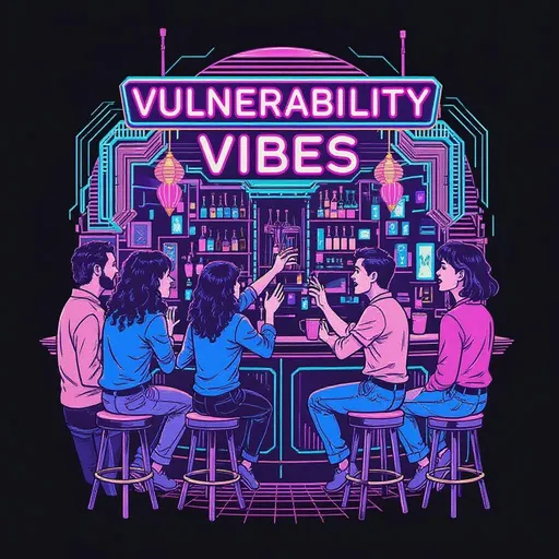 Prompt: A 1980s synthwave pub scene with 3, 4 or 5  people facing the bar talking to one another. Two of them are doing a cheers with their drinks. The title of the bar is 'vulnerability vibes'. The full bar should be seen as if in a void all by itself. Line drawing with neon colors,  simple illustration, less details. Use a diverse cast of people. Do not show the face of any person. Design should be made for screen printing onto fabric. Use less than 6 colors total.