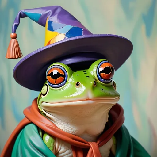 Prompt: Frog wearing a wizard hat, Picasso style,