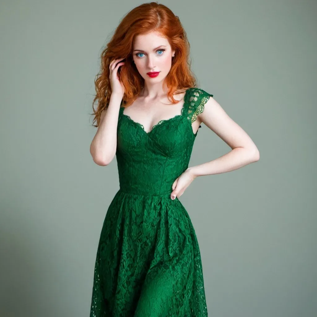 Prompt: pretty woman, ginger hair, blue eyes, red lips, green dress, lace, white background