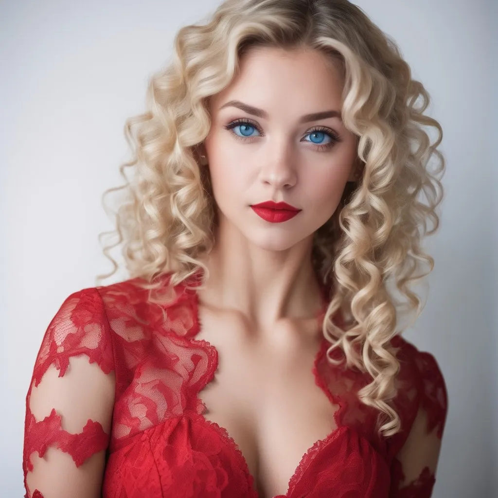 Prompt: Full body portrait, pretty woman, blond curly hair, blue eyes, red lips, red short dress with lace, white background