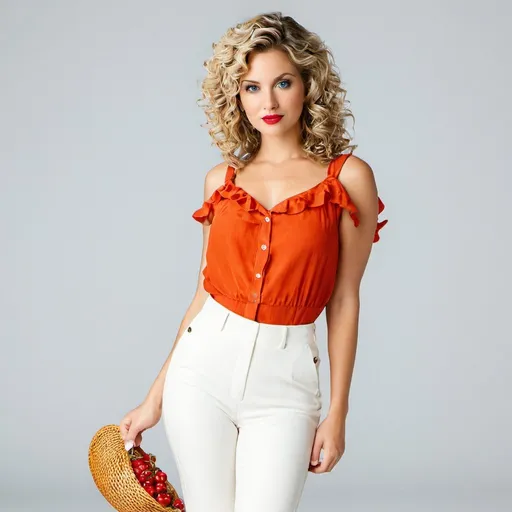 Prompt: Full body portrait, pretty woman, blond curly hair, blue eyes, red lips, red blouse, black pants , white background