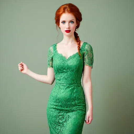 Prompt: pretty woman, ginger hair, blue eyes, red lips, green dress, lace, white background