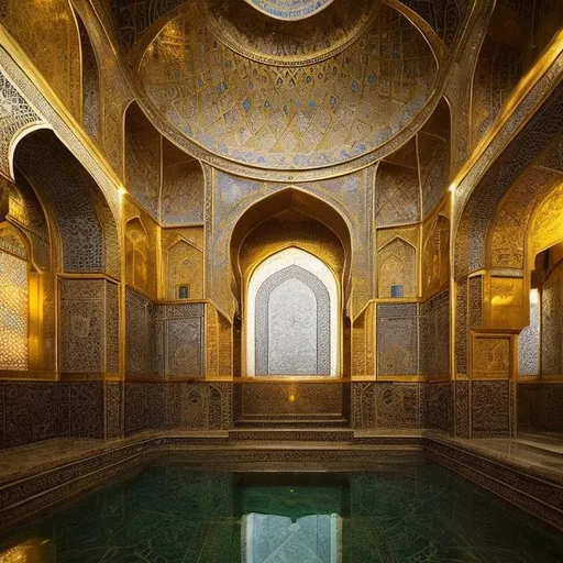 Prompt: Satan's bath in Imam Reza's era, golden age architecture, elaborate Islamic building, intricate mosaic work, historical significance, high quality, detailed art, realistic, Islamic art, warm tones, atmospheric lighting, ancient atmosphere, traditional Islamic design, historical accuracy, Golden Age, Neyshabur, second century, intricate details, cultural significance