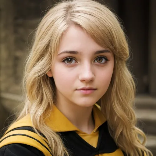 Prompt: female, young, blond hair, soft brown eyes, hufflepuff, pretty