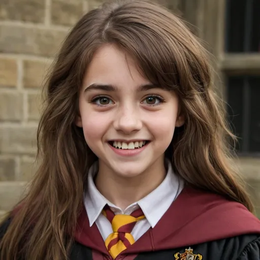 Prompt: female, young, brown and bushy hair, buck teeth, gryffindor