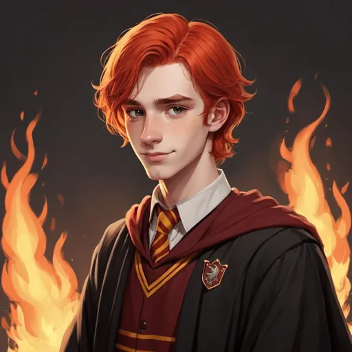 Prompt: male, young, tall, lankey fire red hair, shy, modest, gryffindor