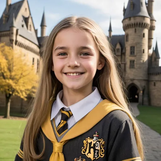 Prompt: A pretty twelve year old girl with long, dirty blond hair and soft brown eyes smiles in her Hufflepuff uniform with the Hogwarts Castle behind her.