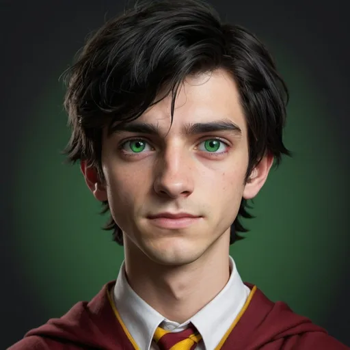 Prompt: male, small, skinny, knobby knees, thin face, jet black hair, bright green eyes, gryffindor