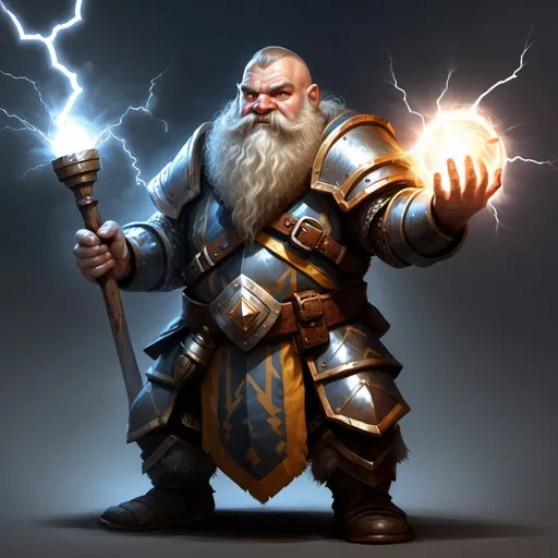 Prompt: Cleric dwarf from dnd, he has a cool mace, some armor and is casting a lightning spell