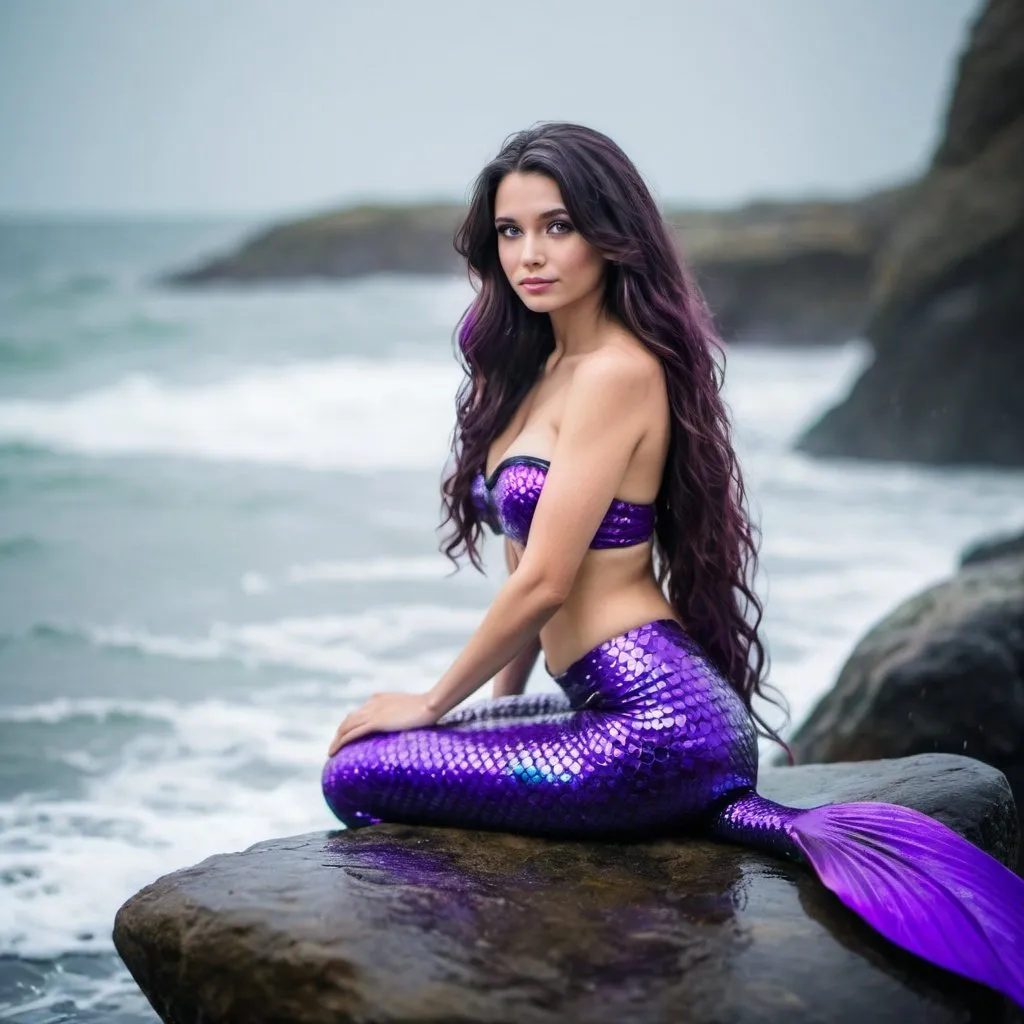 Prompt: A beautiful dark haired mermaid woman with long wavy hair that covers her chest, and a purple shiny mermaid tail sitting on a rock in the ocean on a rainy day, bokeh