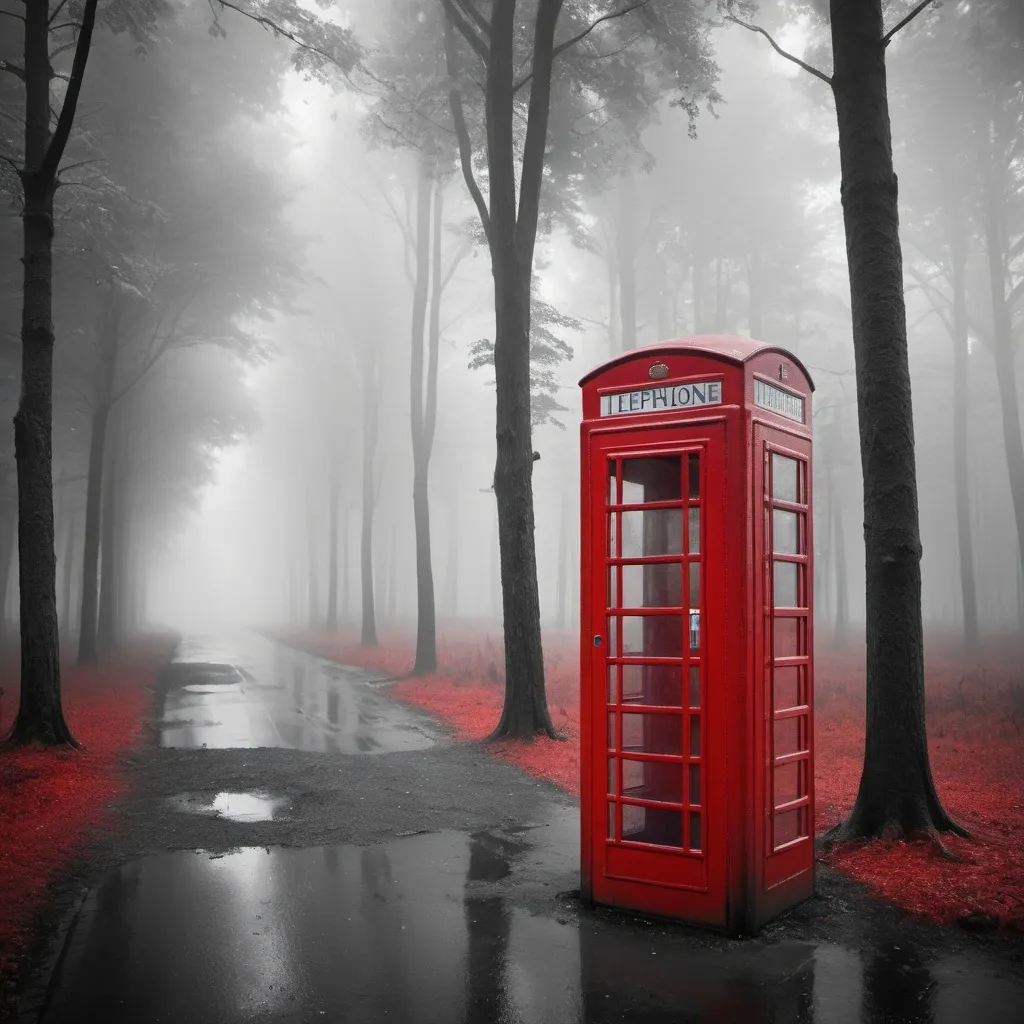 Prompt: Color splash wide photo
of of one  red phone booth in
the middle of empty
dark forest street, detailed, mist,mist,mist,fog, soft
vignette, 2k,2k,2k