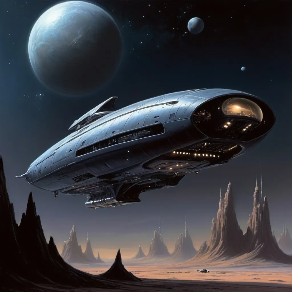 Prompt: A sci-fi scene space ship by Jim
Burns, Concept dark space by Shaddy
Safad