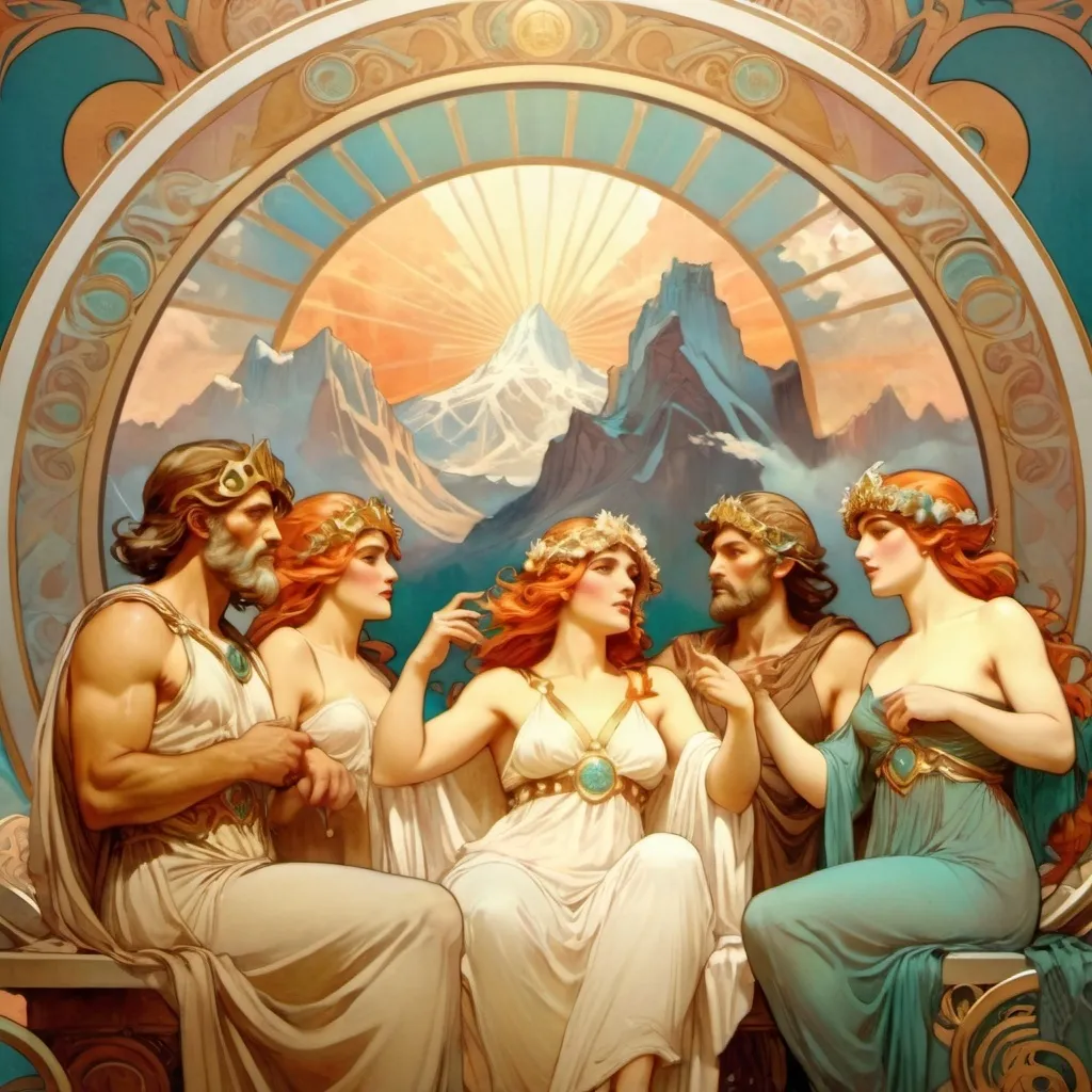 Prompt: Alphonse Mucha Style, Scene: Mount Olympus, where Zeus convenes a council between gods and goddesses