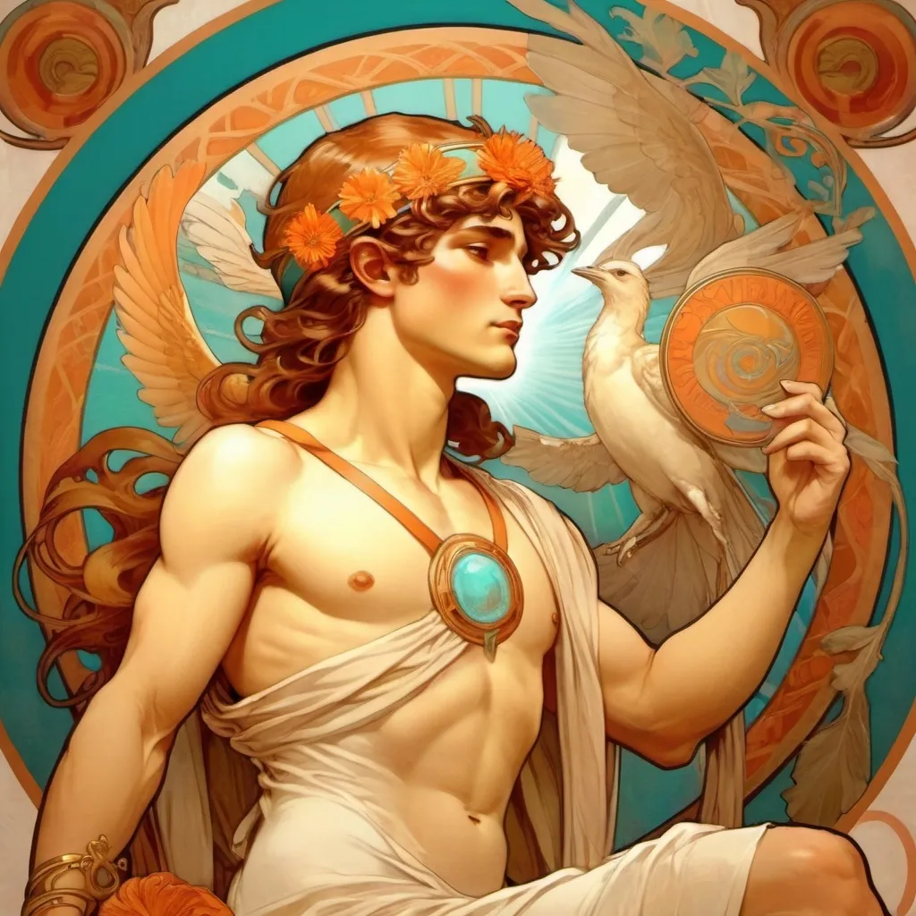 Prompt: Alphonse Mucha Style, Hermes, the messenger god