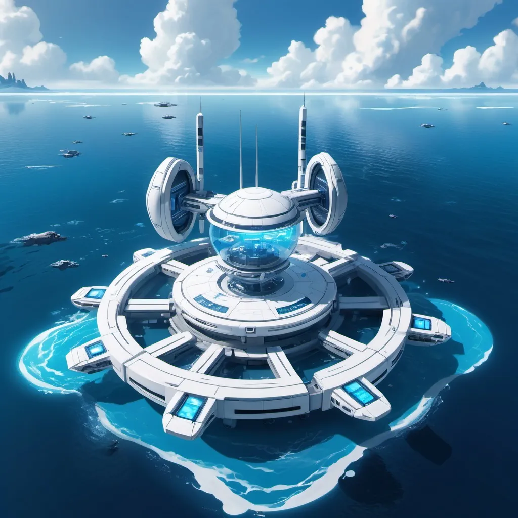 Prompt: Sci Fi high tech research station with a blue and white color scheme floating in the middle of ocean ,3d  anime scene