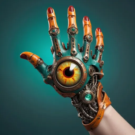 Prompt: a prosthetic human arm That is brilliant yellow-orange on top and a very unique teal-green on the bottom and it has six fingers and a dark red eye symbol with a lambda symbol in its center is on the back of the prosthetic arm’s hand,highly detailed,realistic,fantasy,high resolution