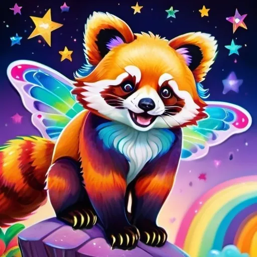 Prompt: Lisa frank style red panda with rainbow colored fairy wings on the back