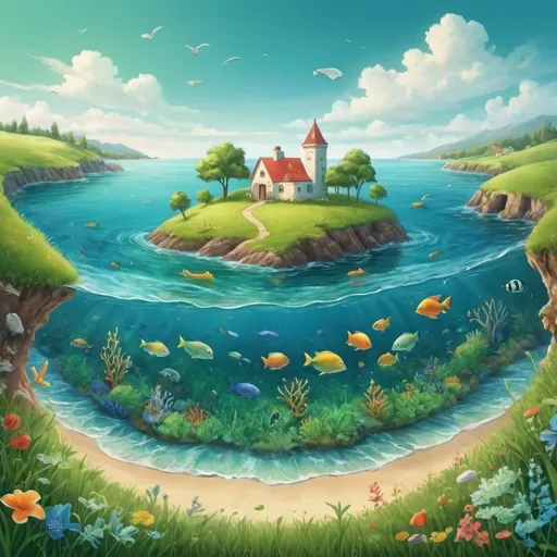 Prompt: Create a picture that represents a happy place. The image should consider ocean  life, green meadows and a relaxing atmosphere
