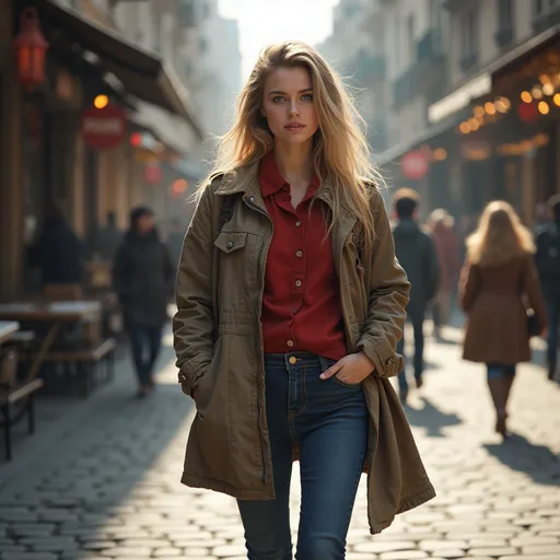 Prompt: Tall young woman walking down the high street, detailed clothing, realistic, natural lighting