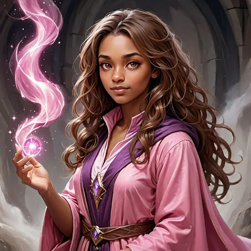 Prompt: human wizard girl, young adult, brown skin, hazel eyes, long wavy brown hair wearing pink robes 