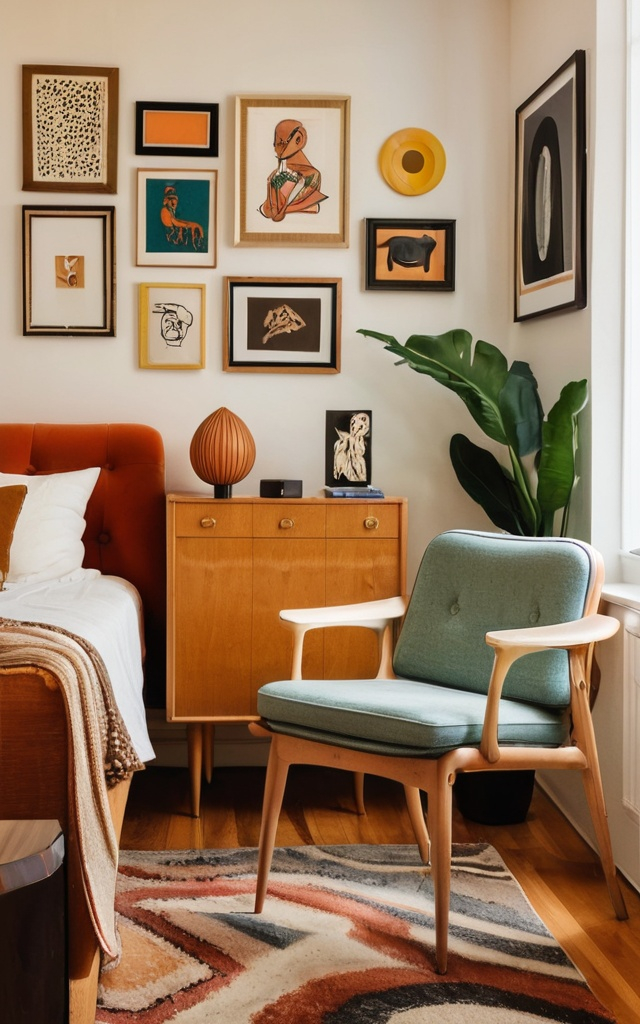 Prompt: A midcentury eclectic room with framed art on the wall