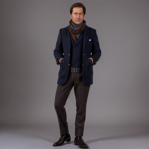 Prompt: 50% lambswool 50% cashmere scarf from burbery deerskin gloves in 100% wool lining navy blue 100% merinowool pike brown from oscar jacobson wool skippers jacket from john henric 100% wool suit pants navy blue from oscar jacobson black chelsea boots