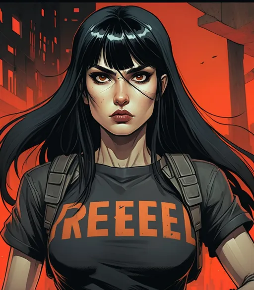 Prompt: Comic Art, A rebel hero who is a woman with brown eyes and long black hair and straight bangs in a dystopian city