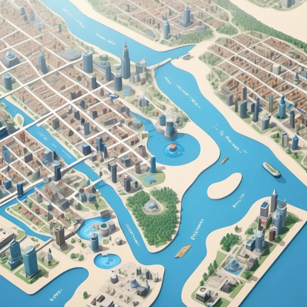 Prompt: Create an example map of a city where the entire theme is water