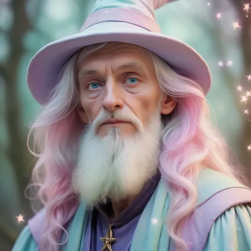 Prompt: Dreamy pastel portrait, wizard, ethereal atmosphere, soft focus