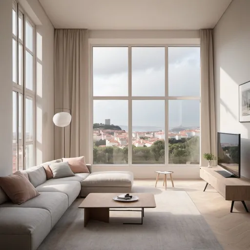 Prompt: modern living room, big windows, Lisbon views, nordic furniture, soft colors, indirect lightning