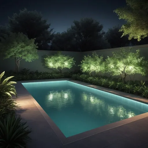 Prompt: pool surrounded with bushs, night vision, spotlights, led lights, photorealistc