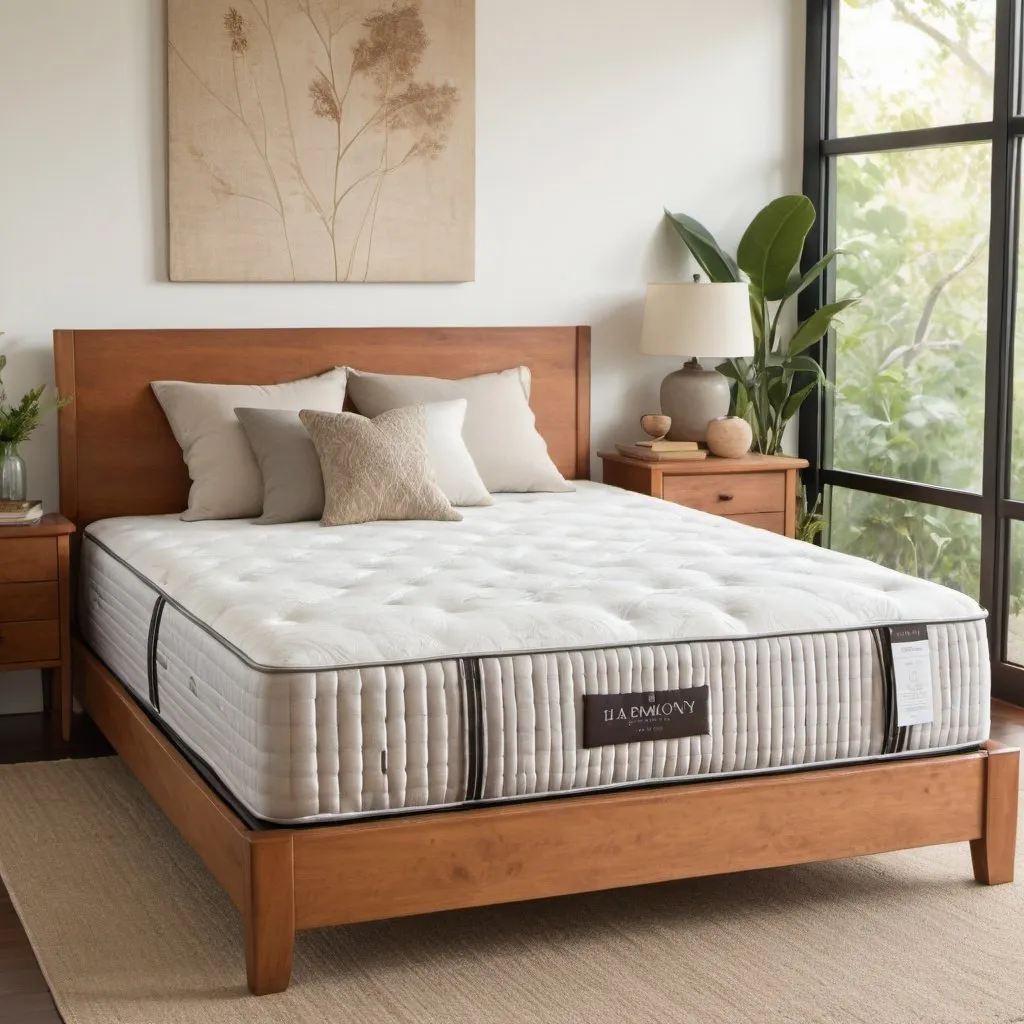 Prompt: A serene, inviting image of an organic king size mattress called the Harmony Series mattress in a naturally lit, eco-friendly furnished bedroom, highlighting the comfort and natural materials of the product.