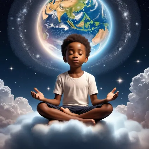 Prompt: Prompt 2: an African British boy called Fiyin who is 7 years old communicates with God in his own spiritual world, Meditating, surrounded by glowing stars and cosmic energy, 3D.


Prompt 4: an African British boy called Fiyin who is 7 years old communicates with God in his own spiritual world, Meditating, floating peacefully on a cloud high above the earth, 3D.