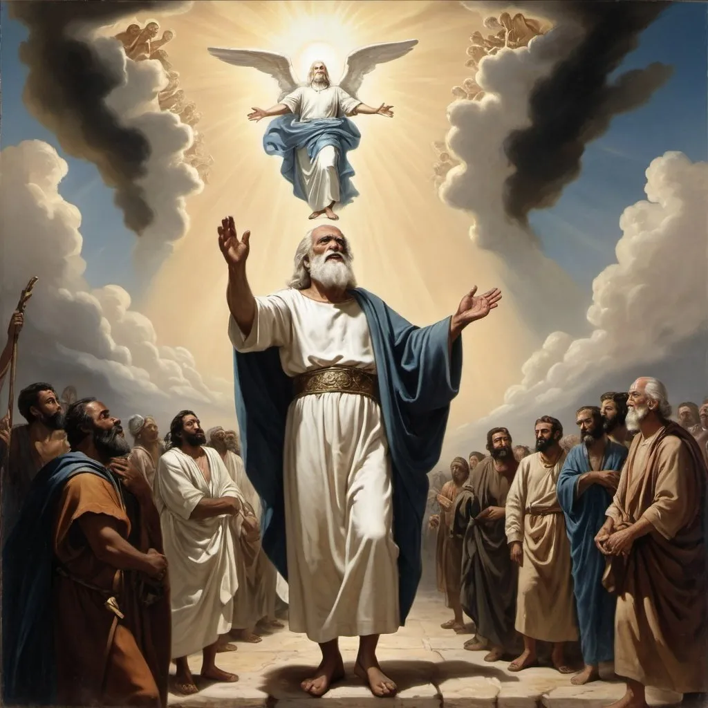 Prompt: A god-like figure descending from the sky commanding an old man bowing for God and white slaves to leave the old man's homeland, the biblical setting, divine aura, antique oil painting, dramatic lighting, detailed facial features, intense expression, historic, authoritative, influential, high, Oil painting, Bible, dramatic lighting, divine aura, ancient, detailed faces, historical setting, emotional