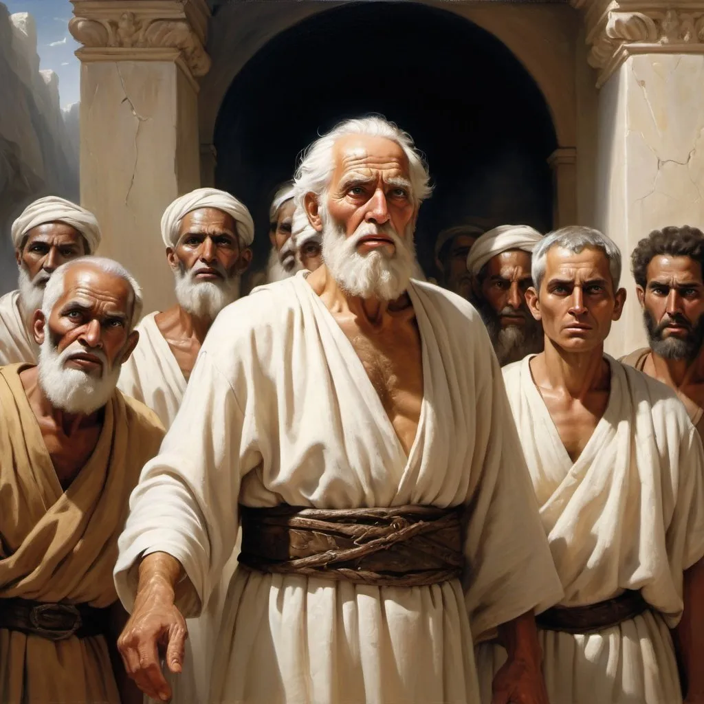 Prompt: God-like figure commanding elderly man and white slaves to leave homeland, biblical setting, divine aura, ancient oil painting, dramatic lighting, detailed facial features, intense expression, historical, authoritative, impactful, highres, oil painting, biblical, dramatic lighting, divine aura, ancient, detailed faces, historical setting, emotional