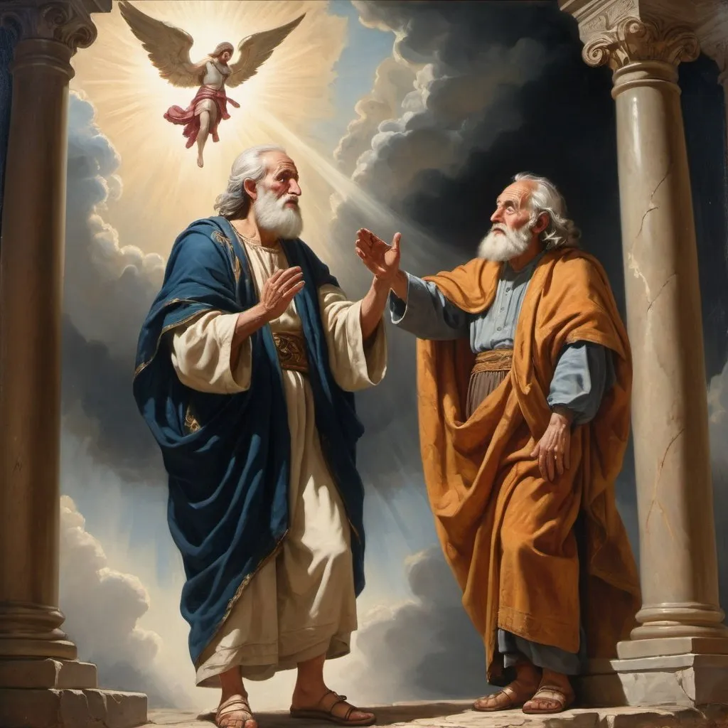 Prompt: A god-like figure descending from the sky commanding an old man bowing for God  to leave the old man's homeland, the biblical setting, divine aura, antique oil painting, dramatic lighting, detailed facial features, intense expression, historic, authoritative, influential, high, Oil painting, Bible, dramatic lighting, divine aura, ancient, detailed faces, historical setting, emotional