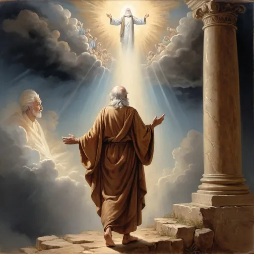 Prompt: God-like figure descending from the sky commanding an old man bowing to God to leave the old man's homeland, biblical setting, divine aura, antique oil painting, dramatic lighting, detailed facial features, intense expression, historical, authoritative, influential, tall, oil painting, biblical Dramatic lighting, divine aura, ancient, detailed faces, historical setting, emotional in the illustration only the figure of God and one old man looking to the sky
