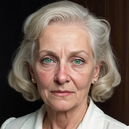 Prompt: Create a 60 year old woman taking place in 1942. She has a white dress on. She has grayish blonde hair wearing it up. She has a broken nose. Green eyes. 