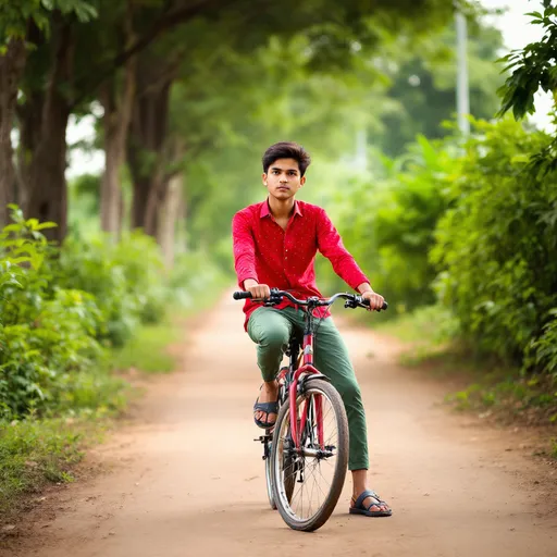 Prompt: A boy sits confidently on a black bicycle along a dusty path lined with greenery. He wears a bright red long-sleeve shirt adorned with small polka dots and fitted green pants, complemented by casual sandals. His expression is serious yet contemplative as he looks slightly off-camera, framed by tall trees in the background that create a sense of depth. The soft, natural lighting gives the scene a warm, calm ambiance, suggesting either early morning or late afternoon. This moment captures a blend of youth and tranquility, conveying a simple yet poignant slice of daily life.