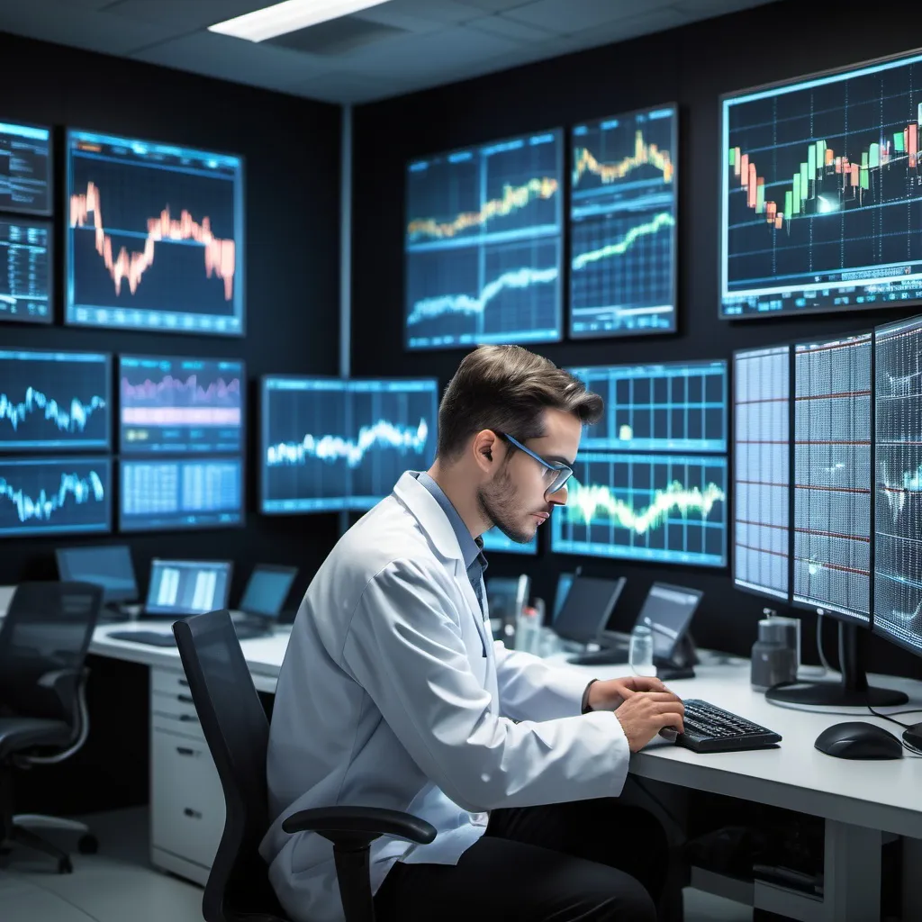 Prompt: A male scientist experimenting with a grid matrix  and forex trading screens in the background