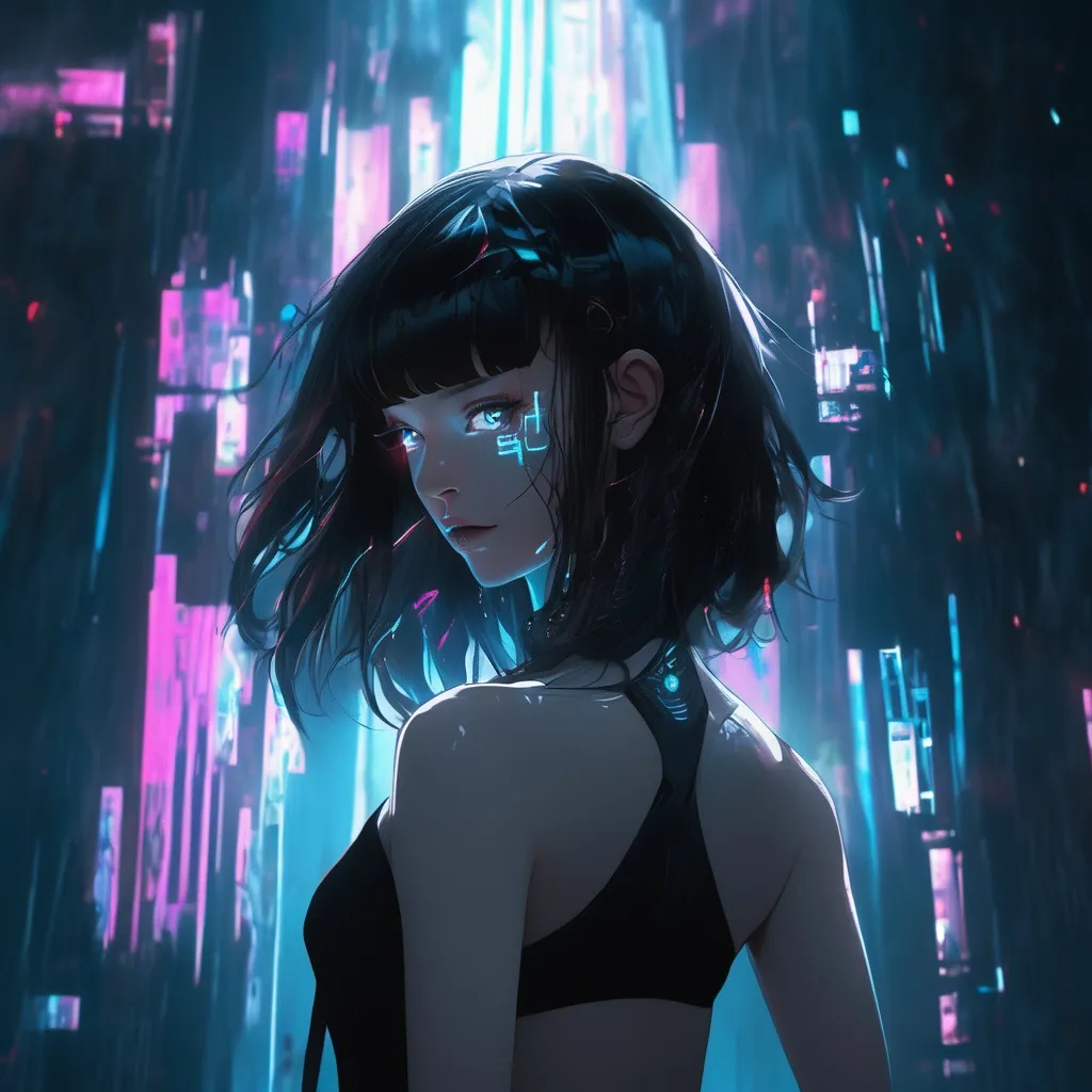 Prompt: dark half lenght hair with bangs, woman wearing black , neon lights, cyberpunk. transcending, huge moonlight, yoga, she is underwater, last breath