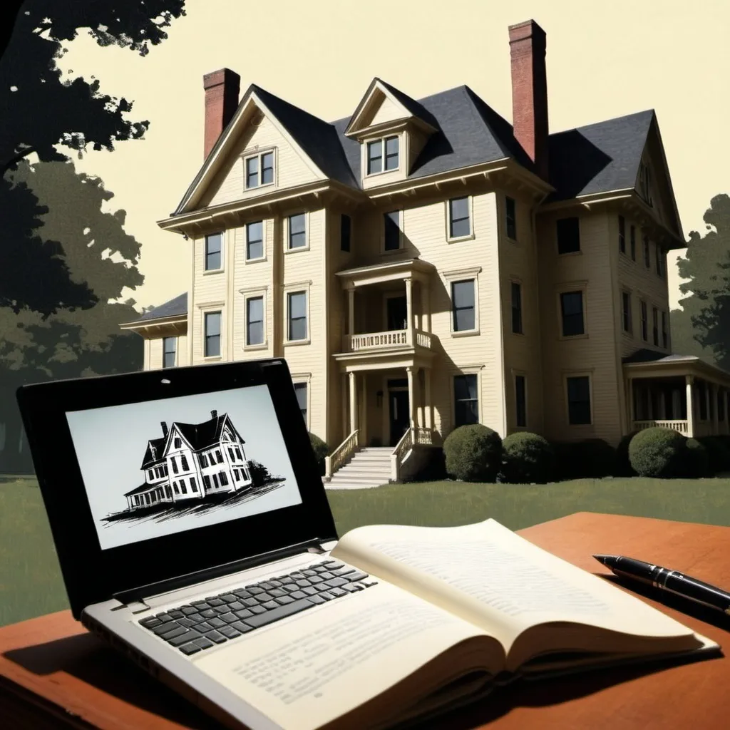 Prompt: hospital, large suburban colonial house, laptop, book being written